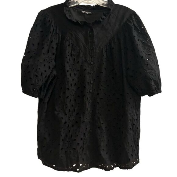 PrettyGarden Tops - PrettyGarden Women's Black Embroidered‎ Blouse L Long Puff Sleeve
